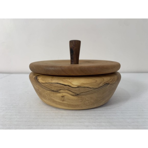 Olive And Cherry Wood Turned Bowl With Lid Handmade Centrepiece 5.5" - Picture 3 of 7